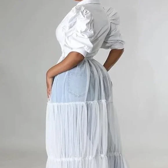 New White Mesh See-Through Shirt Long Dress with Belt V Neck Button Down - Picture 5 of 8